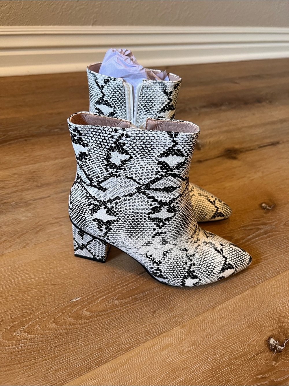 Wet Kiss 8.5 Snake-Print Pointed Toe Ankle Boots - White/Black